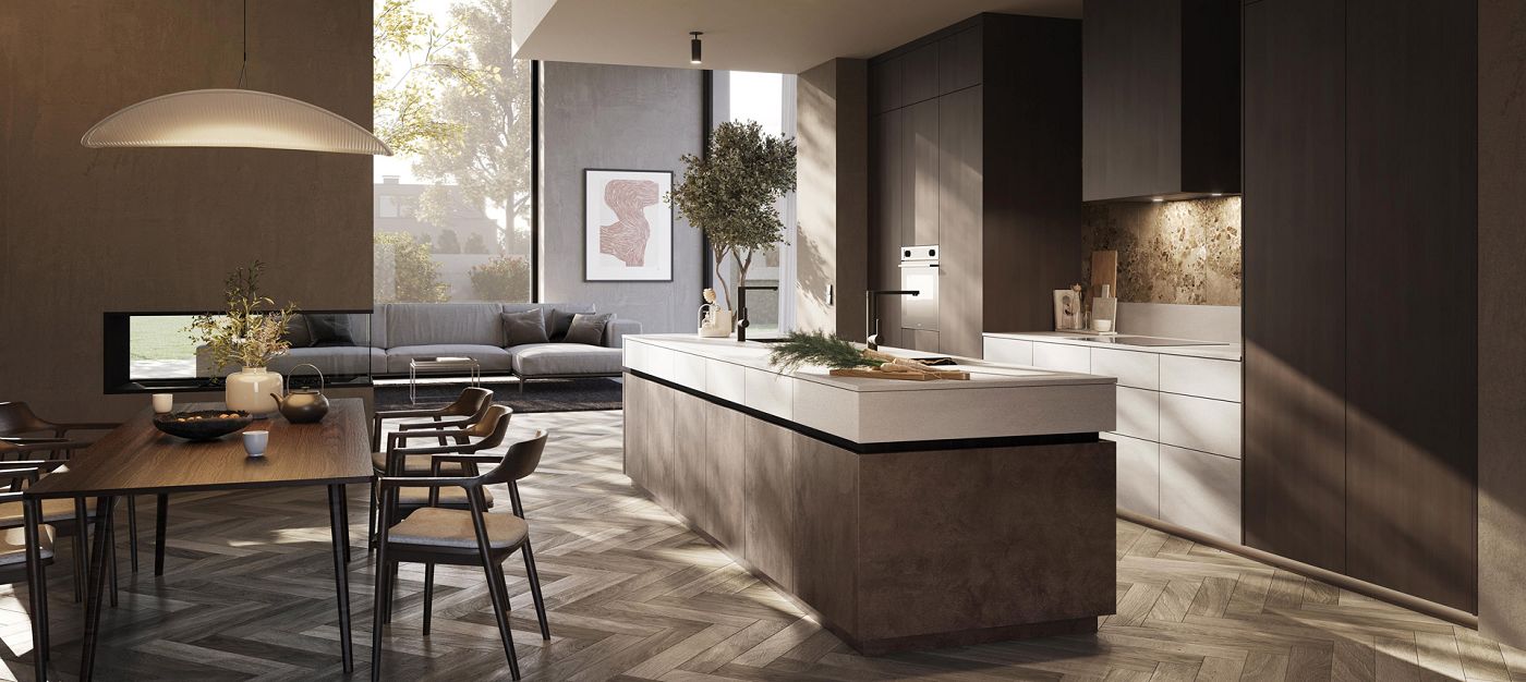 STREIF Innenraum offene Wohnküche mit Kochinsel, Essbereich und bodentiefen Fenstern in moderner Perspektive