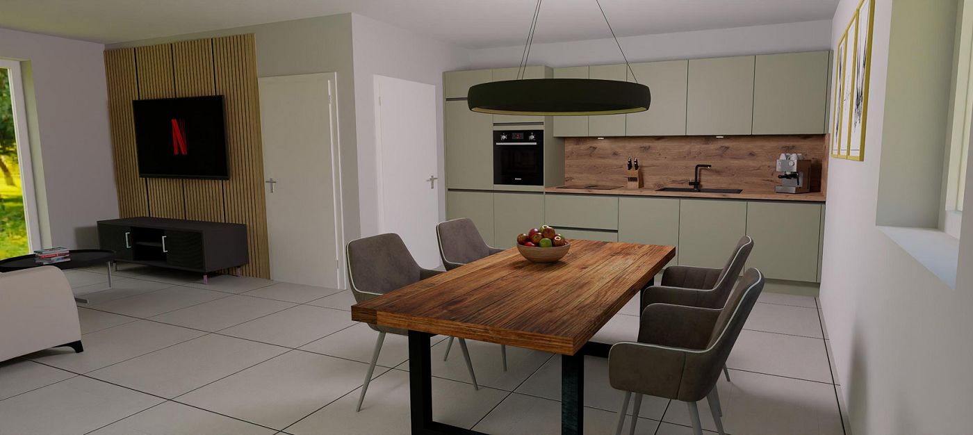 STREIF Innenraum offene Wohnküche mit Essbereich, Einbauküche und modernem Holztisch in Perspektivansicht