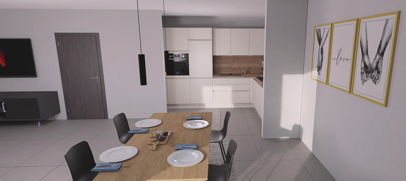 STREIF Innenraum Essbereich mit Esstisch, offener Einbauküche und moderner Wanddekoration in Perspektivansicht