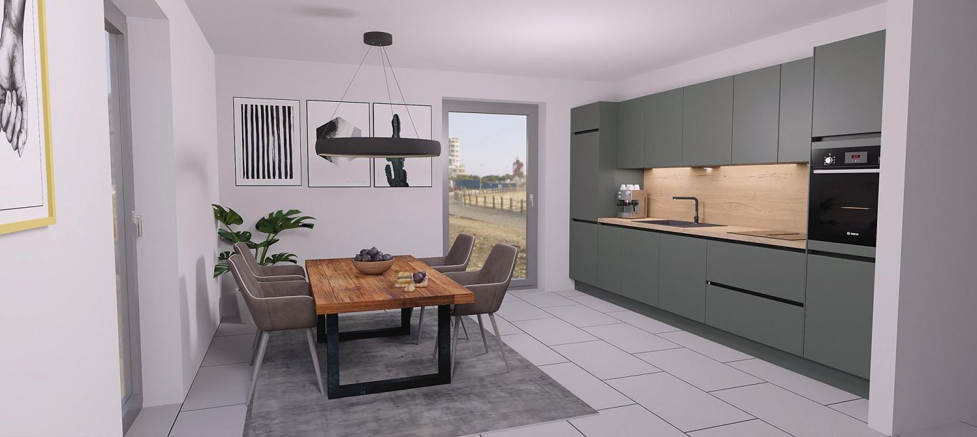 STREIF Innenraum Essbereich mit Holztisch, moderner Küchenzeile und offener Raumgestaltung in Perspektivansicht