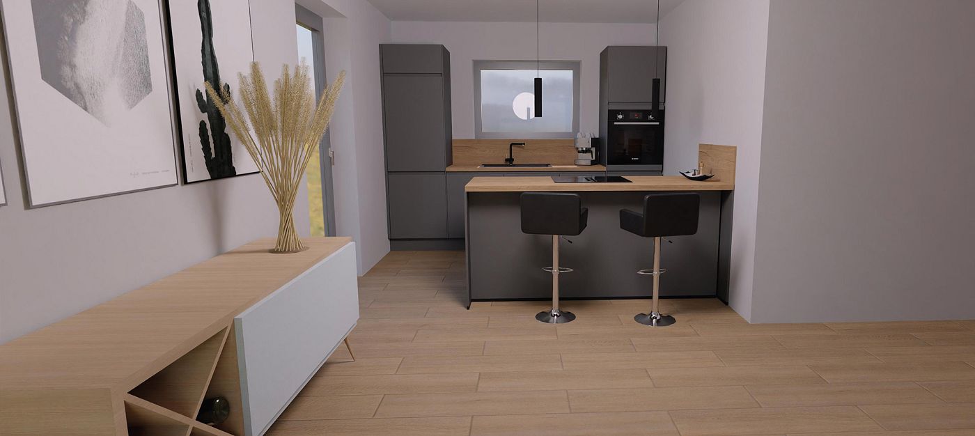 STREIF Innenraum moderne Küche mit Frühstückstheke, Barhockern und minimalistischer Raumgestaltung in Perspektivansicht