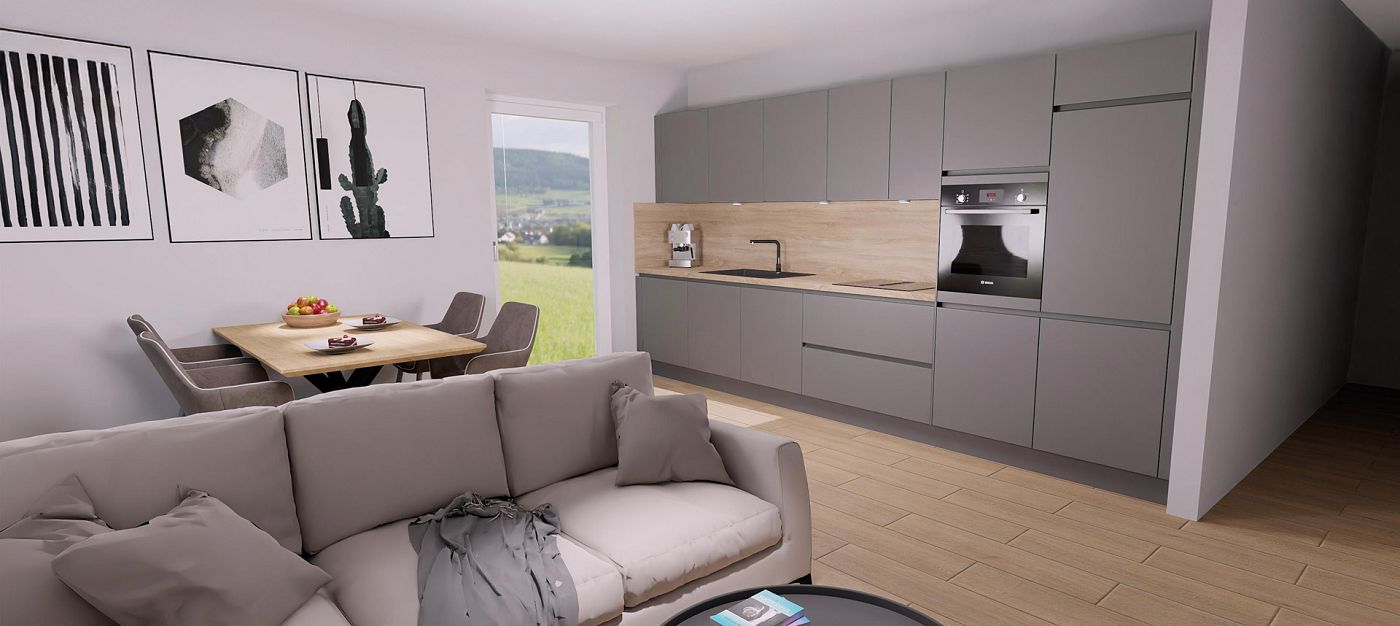 STREIF Innenraum offene Wohnküche mit grauer Küchenzeile, Essplatz und Sofa in moderner Perspektivansicht