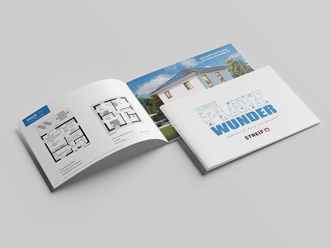 STREIF Katalog aufgeschlagen mit Hausdarstellung, Grundrissen und Titelmotiv in perspektivischer Ansicht