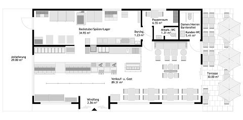 STREIF Grundriss Bäckerei mit Verkaufsraum, Backstube, Lager, Sitzbereich und Terrasse Übersicht