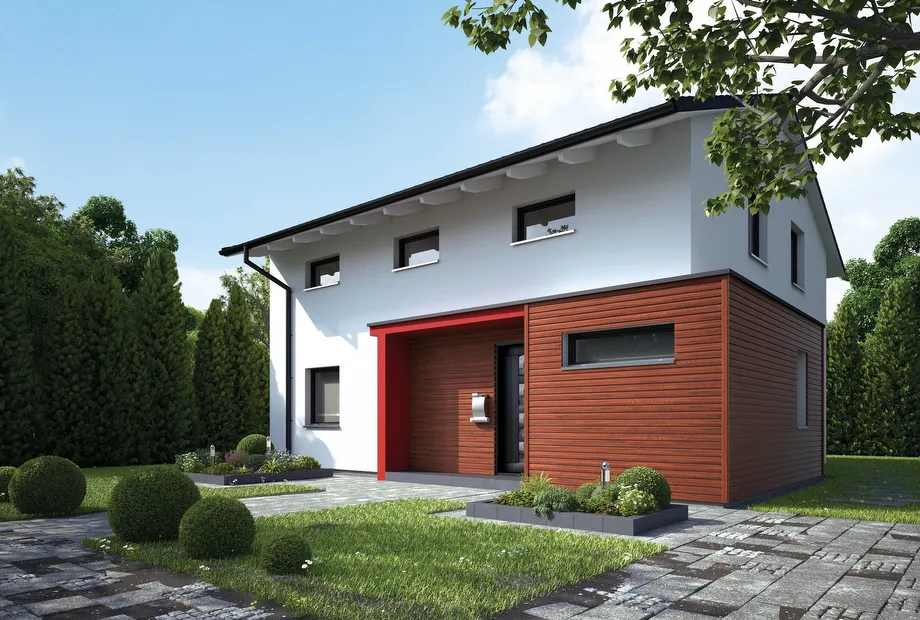 Einfamilienhaus mit Teilholzverkleidung und Satteldach - Frontansicht