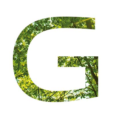 Nachhaltigkeit Buchstabe G mit Waldmotiv und grüner Natur als grafisches Gestaltungselement