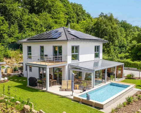 Fertighaus Stadtvilla mit weißer Fassade, Flachdach, großen Fenstern, Terrasse und Pool im Grünen