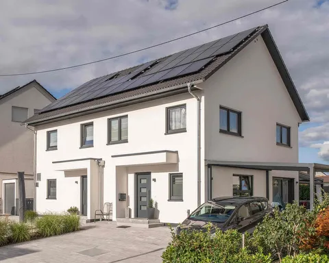 Fertighaus Einfamilienhaus mit weißer Fassade, Satteldach und Garten in Außenansicht